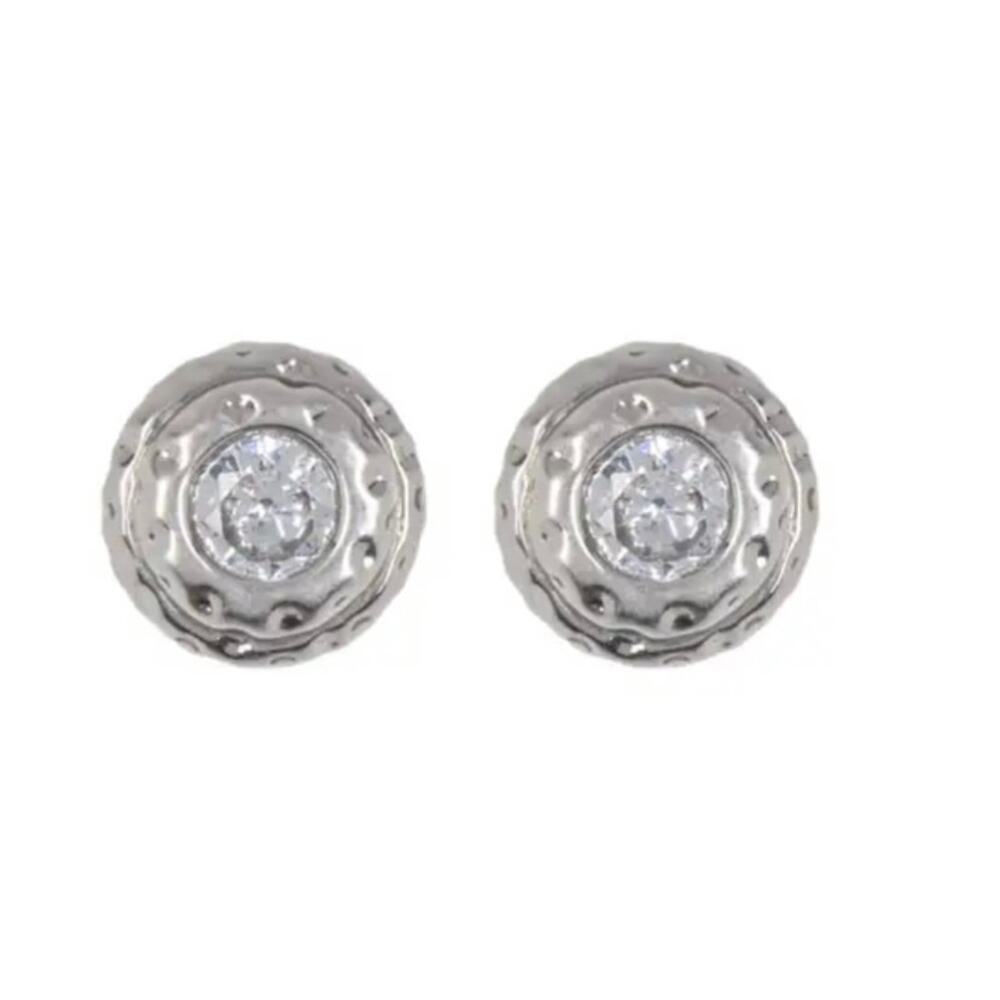 Kate Spade Stud Earrings Silver Tone Bezel CZ Hammered Round Pierced Ears - Picture 2 of 7